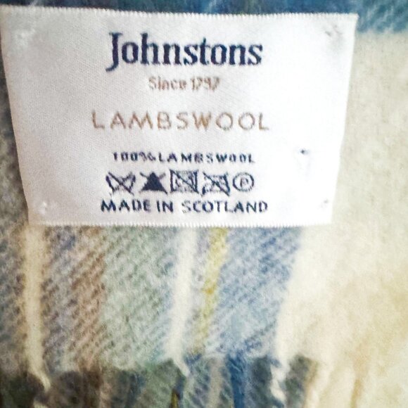 Johnstons Lambswool Blue Brown Plaid Scarf Made in Scotland - Picture 5 of 5